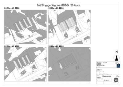 Sol- og skyggediagram som viser bygningens skygger på ulike tidspunkt (0800, 1200, 1500, 1800) for 20. mars i BODØ.