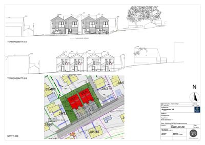 Situasjonsplan (Kart 1:500) som viser tomtens plassering i forhold til nabolag, eksisterende terreng, og bygningers plassering med arealopplysninger.