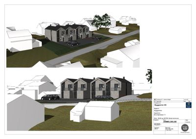 3D-visualisering (rendering) av et nytt boligprosjekt sett fra en vinkel som viser fasade og omgivelser.