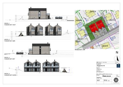 Situasjonskart som viser tomtens plassering i forhold til nabolag, med arealopplysninger og nabotomtenummer.