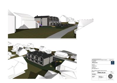 3D-visualisering av en boligblokk sett fra ulike vinkler, inkludert omgivelsene.
