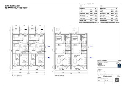 Plantegning av to etasjer (1. og 2. etasje) for to mannsboliger (H03 og H04) med romfordeling, mål og arealoppsett.