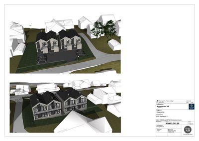 3D-visualisering av to boliger med omgivende tomte og nabolag.