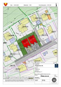 Situasjonsplan som viser tomtens beliggenhet, naboeiendommer, veier og planlagt byggefelt med arealopplysninger.