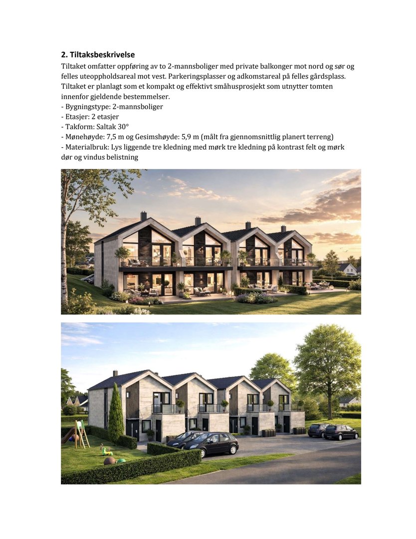 3D-visualiseringer (renderinger) av et planlagt småhusprosjekt med to ulike perspektiver.