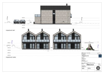 Fasadetegning som viser bygningens utseende sett fra nord og øst, inkludert koter og mål.