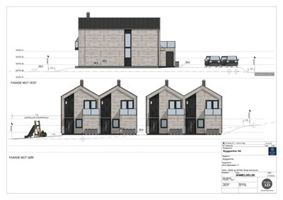Fasadetegning som viser bygningens utseende fra vest og sør med mål og høyder.