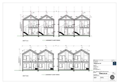 Snittegning (Snitt A-A og Snitt B-B) som viser bygningens tverrsnitt, høyder, takform og romfordeling.