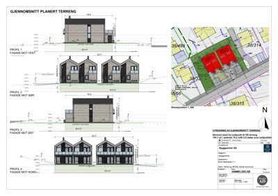 Bildet viser en tegning med oppriss (fasader) av planlagte hus sett fra fire sider, samt et situasjonskart i høyre hjørne.