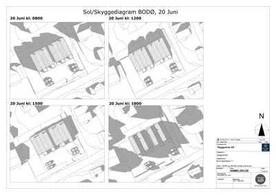 Sol- og skyggediagram som viser solforhold og skygger for en bygning på en tomt ved ulike tidspunkt (0800, 1200, 1500, 1800) på 20. juni.