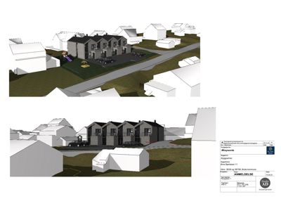 3D-visualisering (rendering) av et boligprosjekt sett fra to ulike vinkler. Bildet viser fasade, omgivelser og plassering i terrenget.