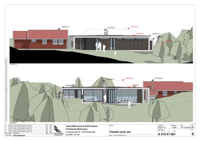 Fasadetegning som viser bygningens utseende sett fra nord, med høydemål og omgivende terreng.
