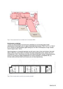 Bildet viser en arealoversikt (bruksareal) og et snitt av en bygning med mål og romfordeling.