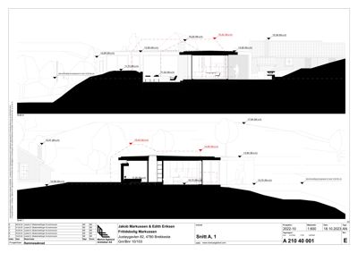 Snittegning (Snitt A) som viser bygningens tverrsnitt, høyder, terrengforhold og relasjon til omgivelsene.