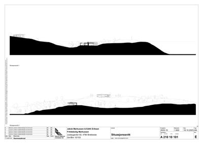 Situasjonssnitt som viser bygningens plassering i forhold til terrenget og omgivelsene.
