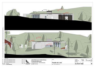 Fasadetegning som viser bygningens utseende fra øst og vest med høydemål og terrengforhold.