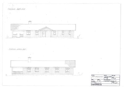 Tegning som viser fasadeopprikk for en bygning sett fra sør-vest og nord-øst.