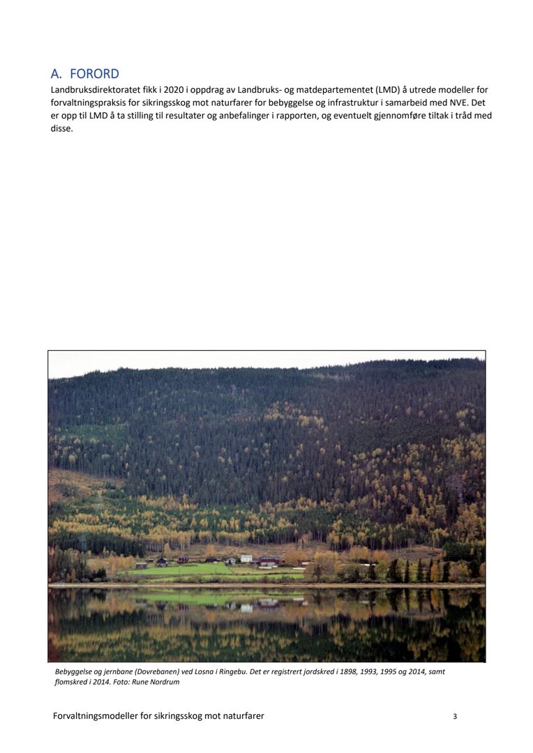 Fotografi av en landsby ved en innsjø (Dovrebanen ved Losna i Ringebru) med tekst om jordskred og flomskred.