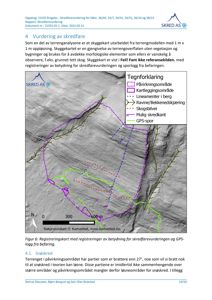 Et registreringskart som viser et skredfarerområde med overlagte linjer for skredspor, GPS-logg og terrengform.