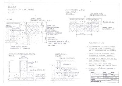 Detaljtegning som viser snitt gjennom fundament, ringmur og gulvkonstruksjon med spesifikke dimensjoner og materialer.