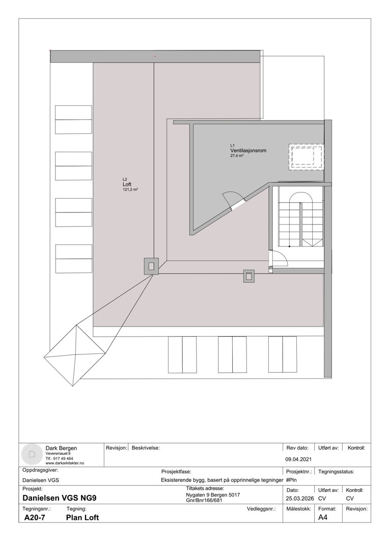 Plantegning av etasjen L2 (Lof) i bygningen, som viser romfordeling, arealer og en trapp.