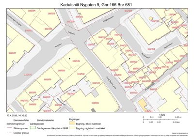 Kartutsnitt (situasjonskart) som viser eiendomsgrenser, bygninger og matrikkelnummer for Nygaten 9.