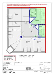 Etasjeplan (Plan 5. etg) som viser romfordeling, arealer og brannskissekonsept for et bygg.