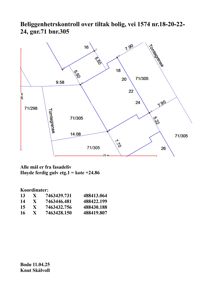 Situasjonsplan som viser tomtens grenser, mål og bygningers plassering (nr. 18-26) i forhold til nabotomter.