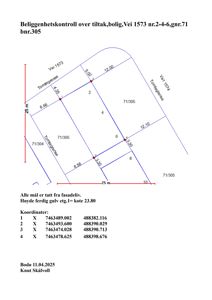 Situasjonsplan som viser tomtens geometri, grenser (tomtegrense), tilstøtende veier (Vei 1573 og Vei 1574) samt målinger av tomteareal og koordinater for hjørnepunkter.