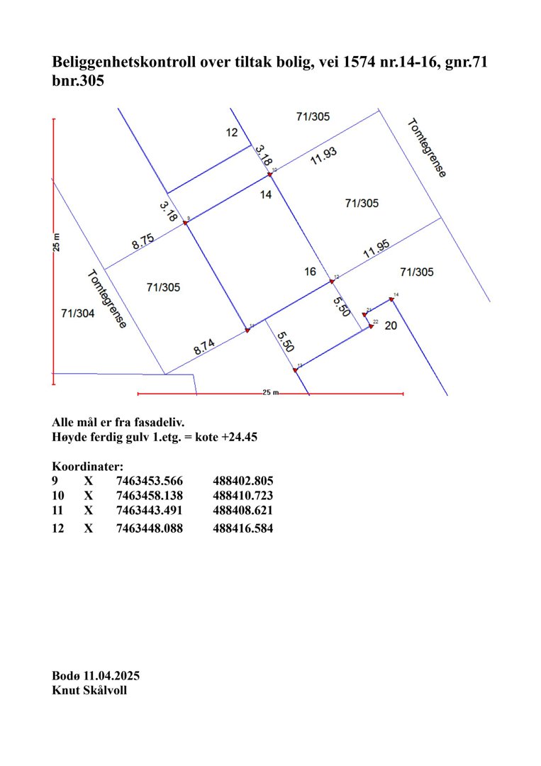 Situasjonsplan som viser beliggenhet, tomtegrenser og målinger for en bolig ved vei 1574 nr.14-16.