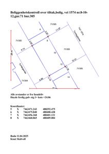 Situasjonsplan som viser beliggenhet, avstander og koordinater for en tomt (gnr.71 bnr.305) i forhold til vei 1574.