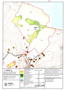 Gårdsplan (tomtekart) som viser eiendomsgranser, arealstatistikk og beliggenhet for eiendommen 103/27/0.