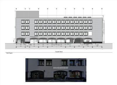 Bildet viser en fasadetegning (opprikk) av bygningen sett fra nord, med mål og detaljeringslinjer. Under tegningen er det også inkludert et fotografi av den eksisterende fasaden for sammenligning.
