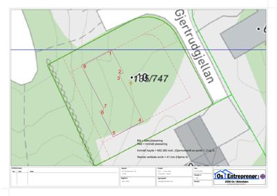 Situasjonsplan som viser tomtens grenser, innmålt høyde og plassering i forhold til nabolag.