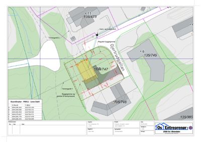 Situasjonsplan som viser bygningens plassering på tomten, byggegrenser, reguleringsgrenser, naboeiendommer og terrengforhold.