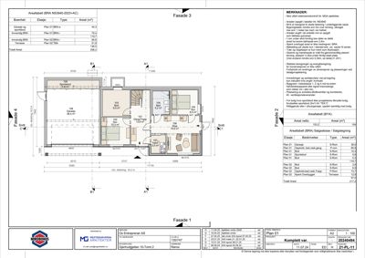 Etasjeplan for et hus med romfordeling, mål og arealoppsett.