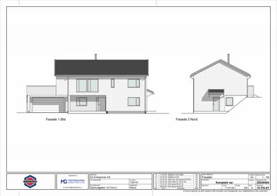 Fasadetegning som viser bygningens utseende fra to sider (Øst og Nord).