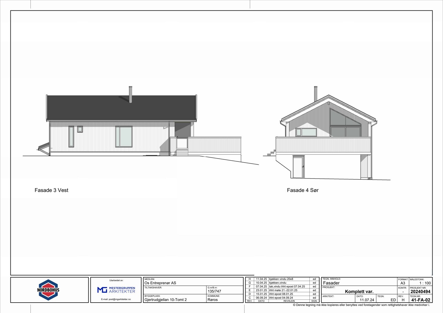 Fasadetegning som viser bygningens utsyn fra vest og sør.