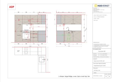 Detaljtegning for kjøkkeninnredning med mål på skap, benkeplate og utstyr.