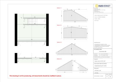Snittegning (Section) som viser tverrsnittet av en takkonstruksjon med mål og detaljer.