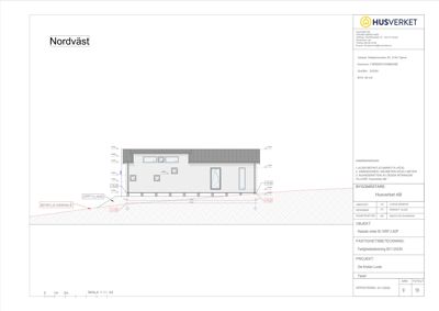 Fasadetegning av bygning sett fra nordvest med mål, detaljer og konstruksjonsopplysninger.