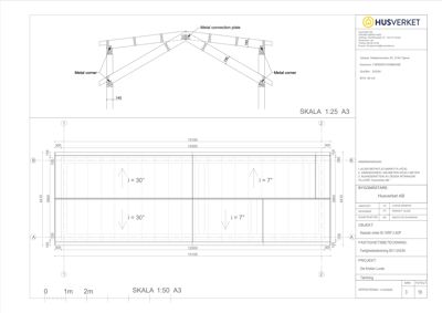 Tegning som viser detaljerte konstruksjonsdetaljer for en takkonstruksjon, inkludert metallforbindelsesplater, hjørner og skråningshøyder.