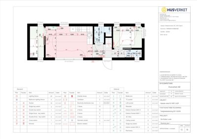Etasjeplan med romfordeling, dimensjoner og en detaljert liste over elektriske installasjoner (lys, stikk, brytere).