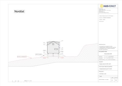 Fasadetegning (opprikk) av en bygning sett fra nordøst, med høydeangivelser og grunnlinje.