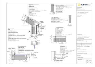 Detaljtegning for takkonstruksjon og innerveggkonstruksjon med mål og materialbeskrivelser.