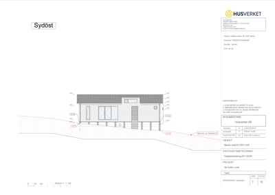 Fasadetegning av en bygning sett fra sydøst, med høydeangivelser og markeringer for terreng og marknivå.