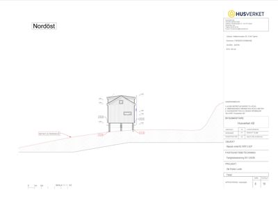 Fasadetegning av en hytte sett fra nordøst, med oppgitt mål og konstruksjonsdetaljer.