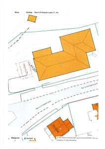 Situasjonsplan som viser tomt, bygningers plassering, gater (Bjarne Erlingsens gate) og eiendomsnummer (61/201, 61/204).