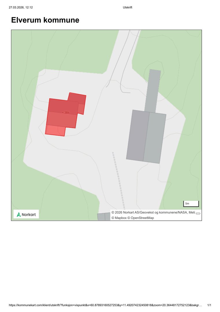 Kommunekart fra Elverum kommune som viser to bygninger (en i rødt og en i grått) på en tomte med omgivende terreng.