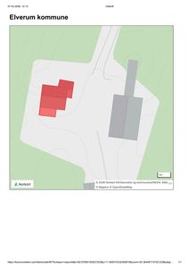 Kommunekart fra Elverum kommune som viser to bygninger (en i rødt og en i grått) på en tomte med omgivende terreng.